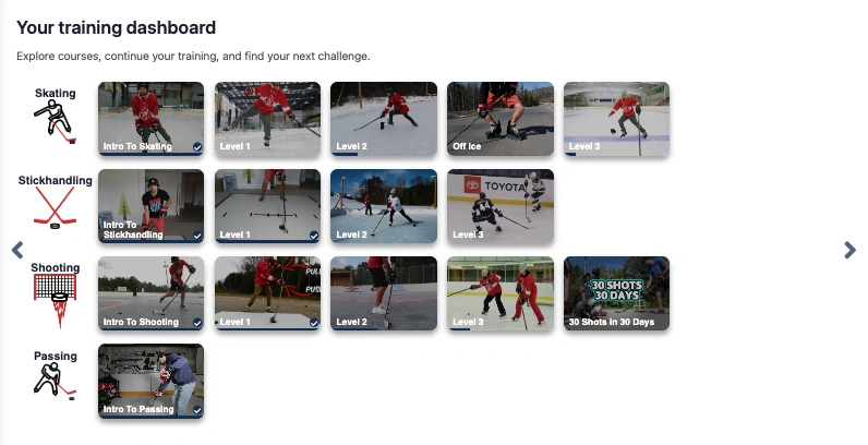 The current Pond dashboard with skating, stickhandling, shooting, and passing courses